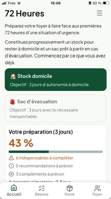 Écran d'accueil de l'application 72 Heures montrant le niveau de préparation du foyer
